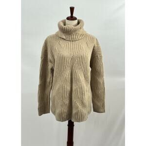 TSE Sz S Small Tan Chunky Cable Knit Heavy 1+lb 100% Cashmere Pullover Turtlenec